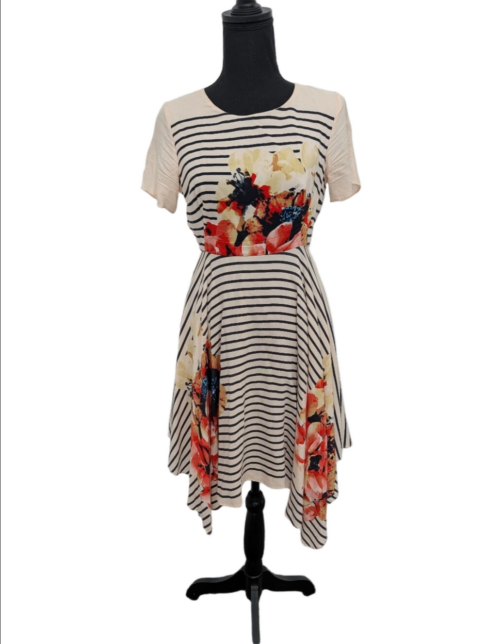 Corey Lynn Calter Striped Floral Print Short Sleeves A-Line Midi Dress